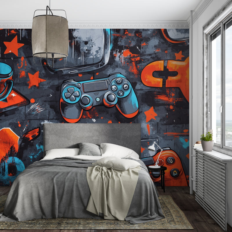 Urban gaming mural adding character to a basement gaming lounge