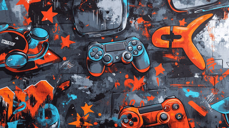 Design file showing detailed street art controller pattern with turquoise and orange graffiti elements