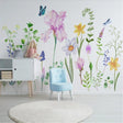 Spring flower wallpaper with butterflies creating a magical atmosphere in a bright nursery with natural light