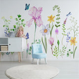 Spring flower wallpaper with butterflies creating a magical atmosphere in a bright nursery with natural light