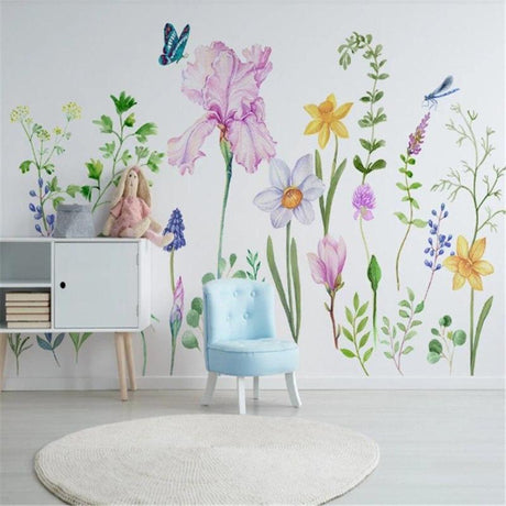 Spring flower wallpaper with butterflies creating a magical atmosphere in a bright nursery with natural light
