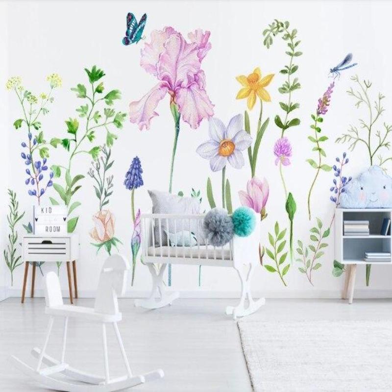 Floral garden mural wallpaper transforming a reading nook into a springtime haven