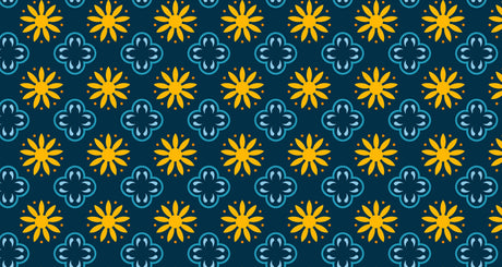 Geometric floral wallpaper with navy and gold pattern making a bold statement in a modern living room with natural lighting