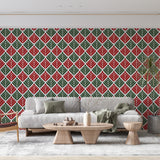 Geometric leaf wallpaper bringing Art Deco style to a modern dining room with red and green accents
