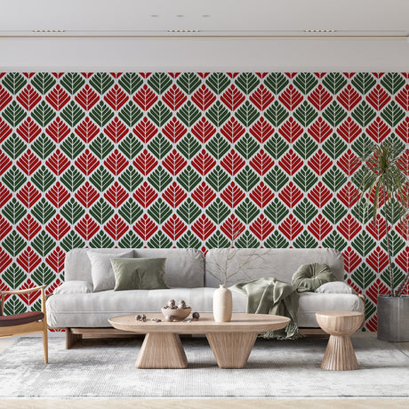Geometric leaf wallpaper bringing Art Deco style to a modern dining room with red and green accents