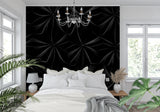 Modern office space featuring 3D black geometric pattern wallpaper and clean lines