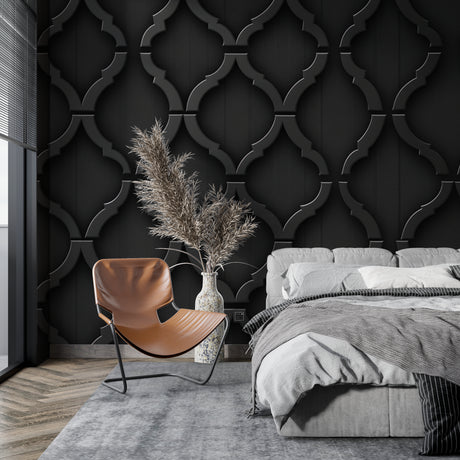 Modern living room with black geometric lattice wallpaper creating dramatic 3D effect behind grey sofa