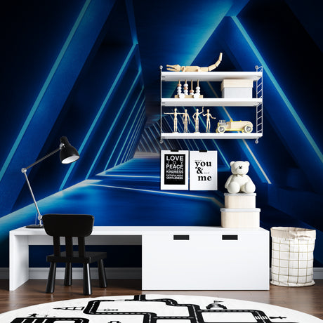 3D geometric blue tunnel wallpaper in modern office space creating dramatic depth effect