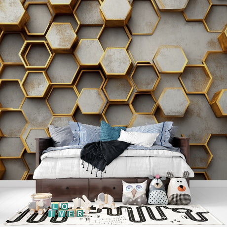 Gold Geometric Wallpaper in modern living room with grey sofa and minimal decor