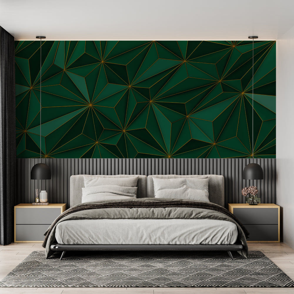 3D geometric wallpaper making a statement in an elegant dining room with pendant lights