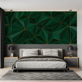 3D geometric wallpaper making a statement in an elegant dining room with pendant lights