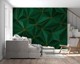 Modern geometric wallpaper in an entrance hall with gold accents