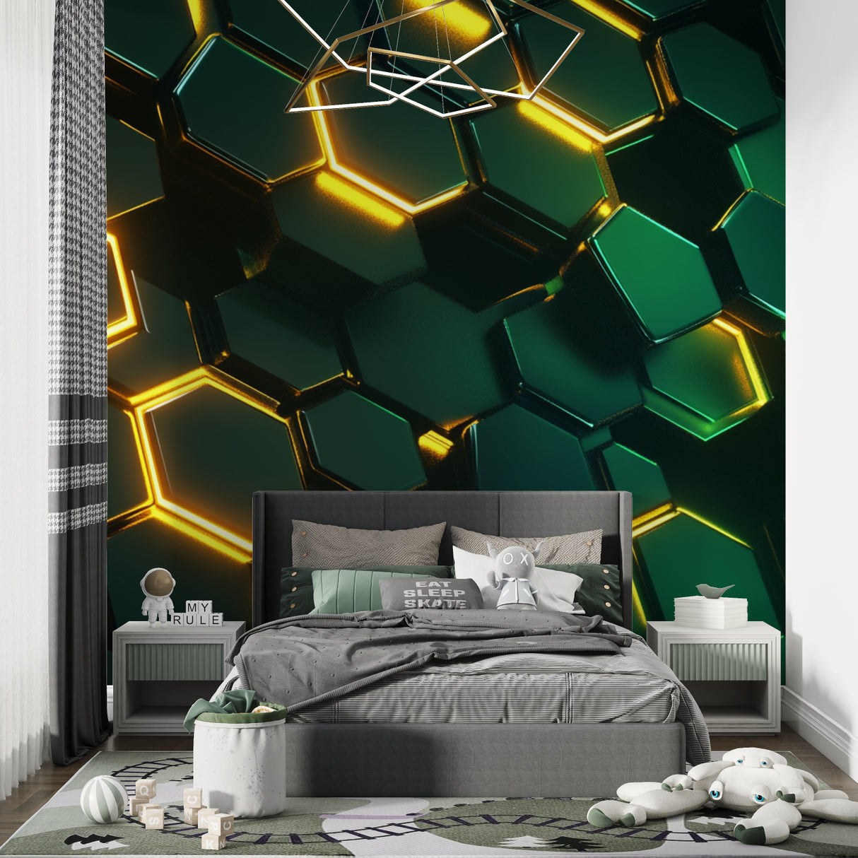 Living room with green 3D geometric wallpaper accent wall adding modern flair