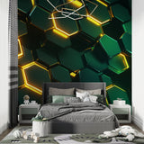 Living room with green 3D geometric wallpaper accent wall adding modern flair