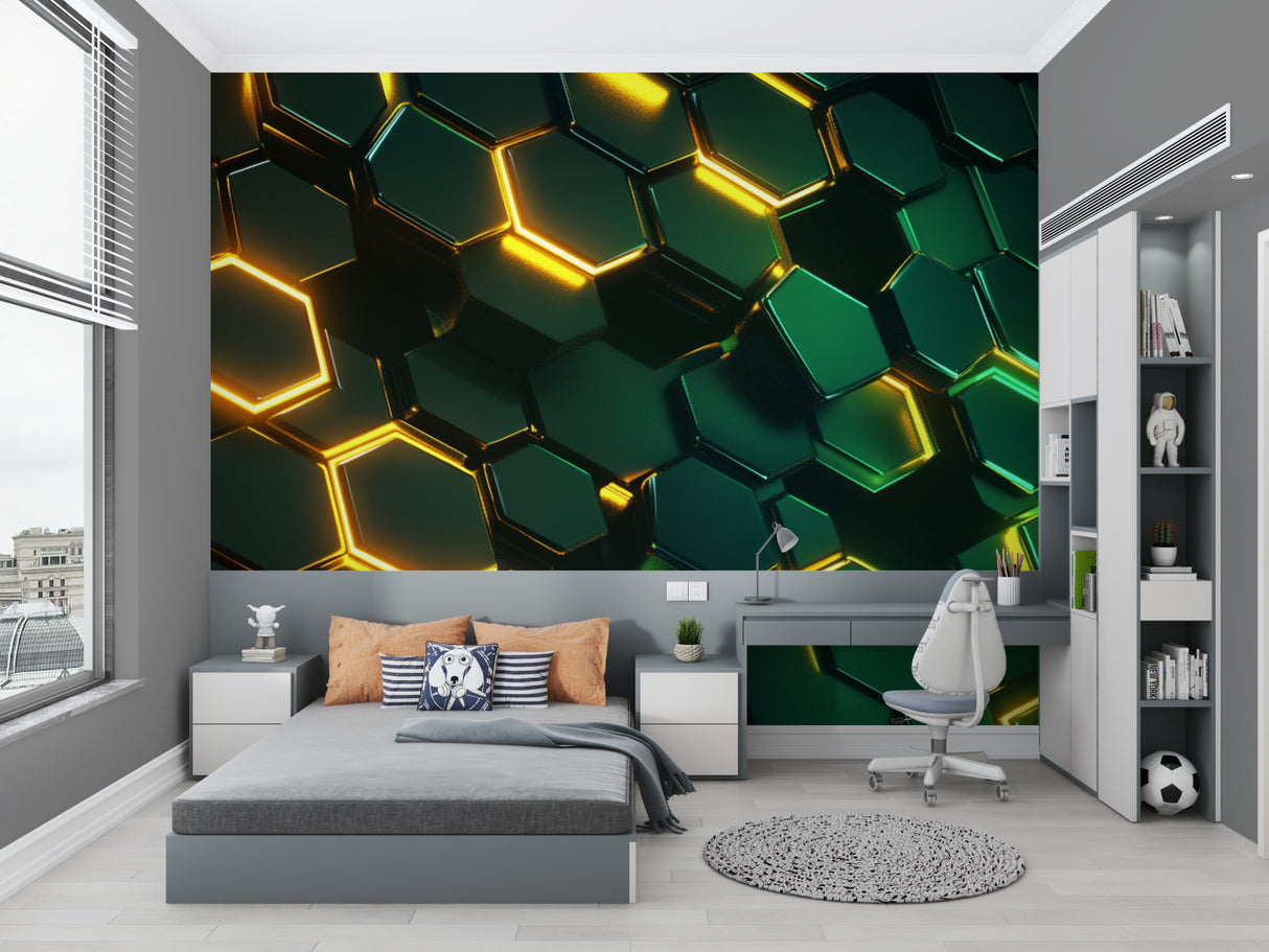 Tech startup space with modern geometric wallpaper creating dynamic visual effect
