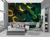 Tech startup space with modern geometric wallpaper creating dynamic visual effect