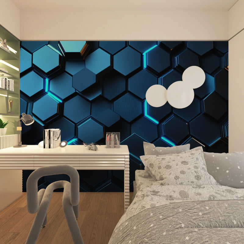 3D Gaming Wallpaper in modern teen bedroom with LED lighting and gaming setup