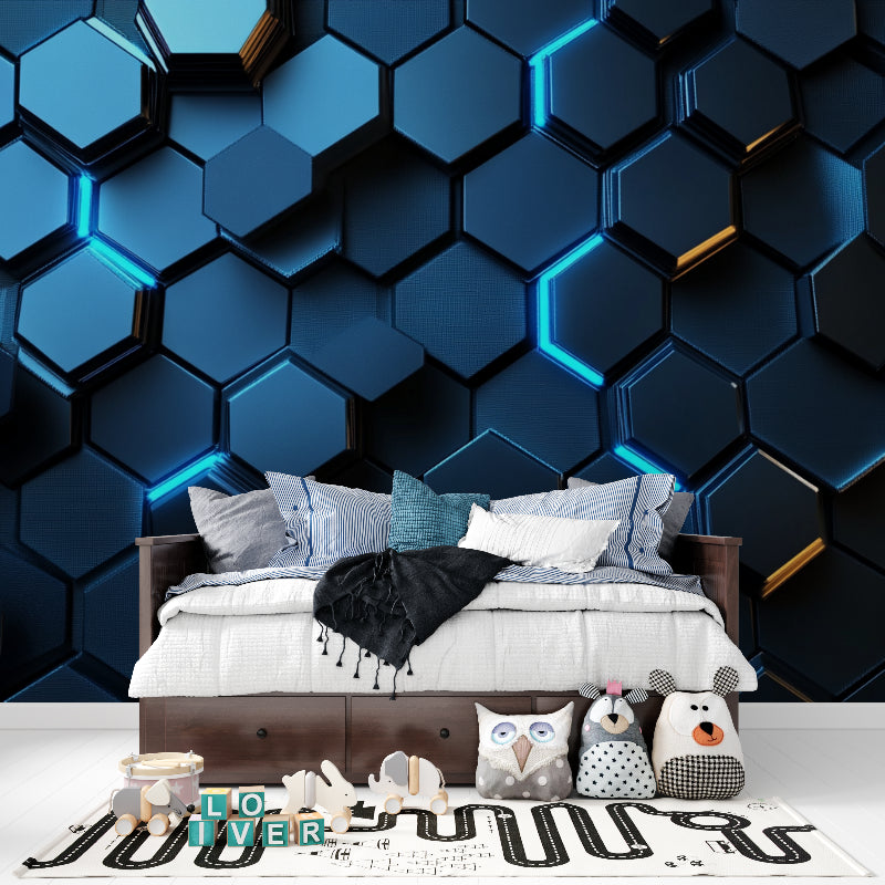 3D Geometric Wallpaper in modern home office with gaming corner