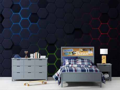 3D geometric wallpaper with RGB glow in modern gaming setup, showing floating hexagon effect