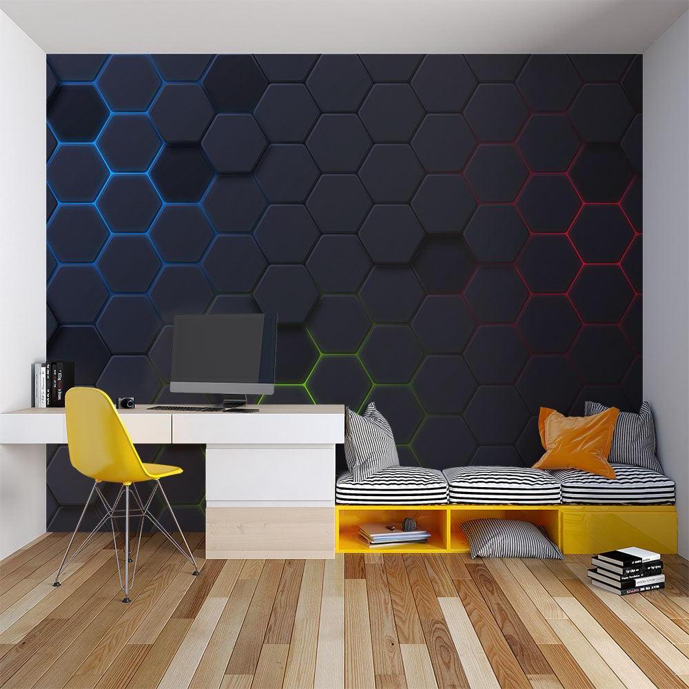 Hexagonal grid wallpaper in teen bedroom with LED lighting setup