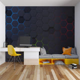 Hexagonal grid wallpaper in teen bedroom with LED lighting setup