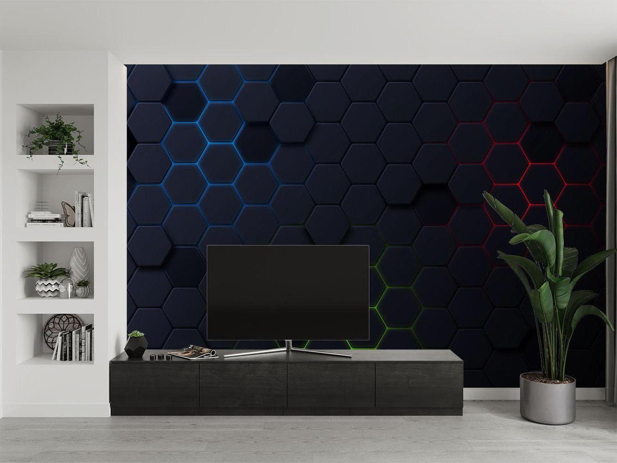 3D RGB wallpaper in stylish home office with dark furniture