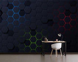 Geometric wallpaper creating depth in modern living room space