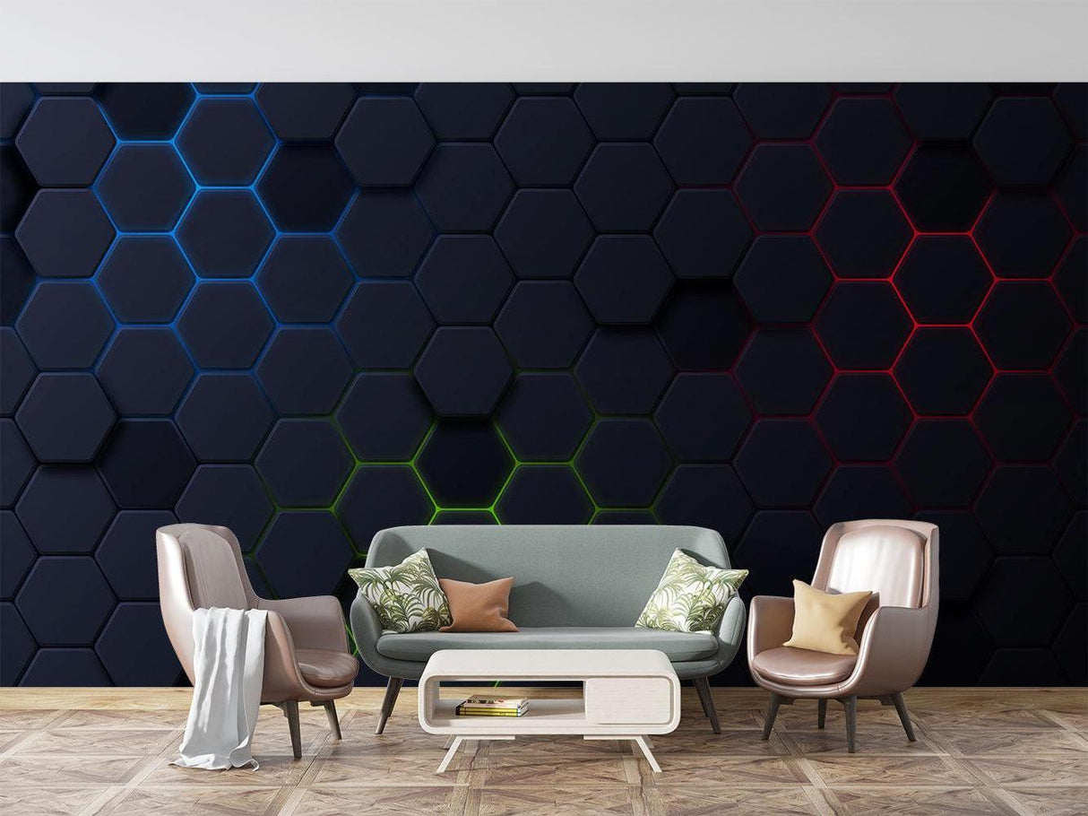 RGB hexagon pattern in entertainment room with gaming setup