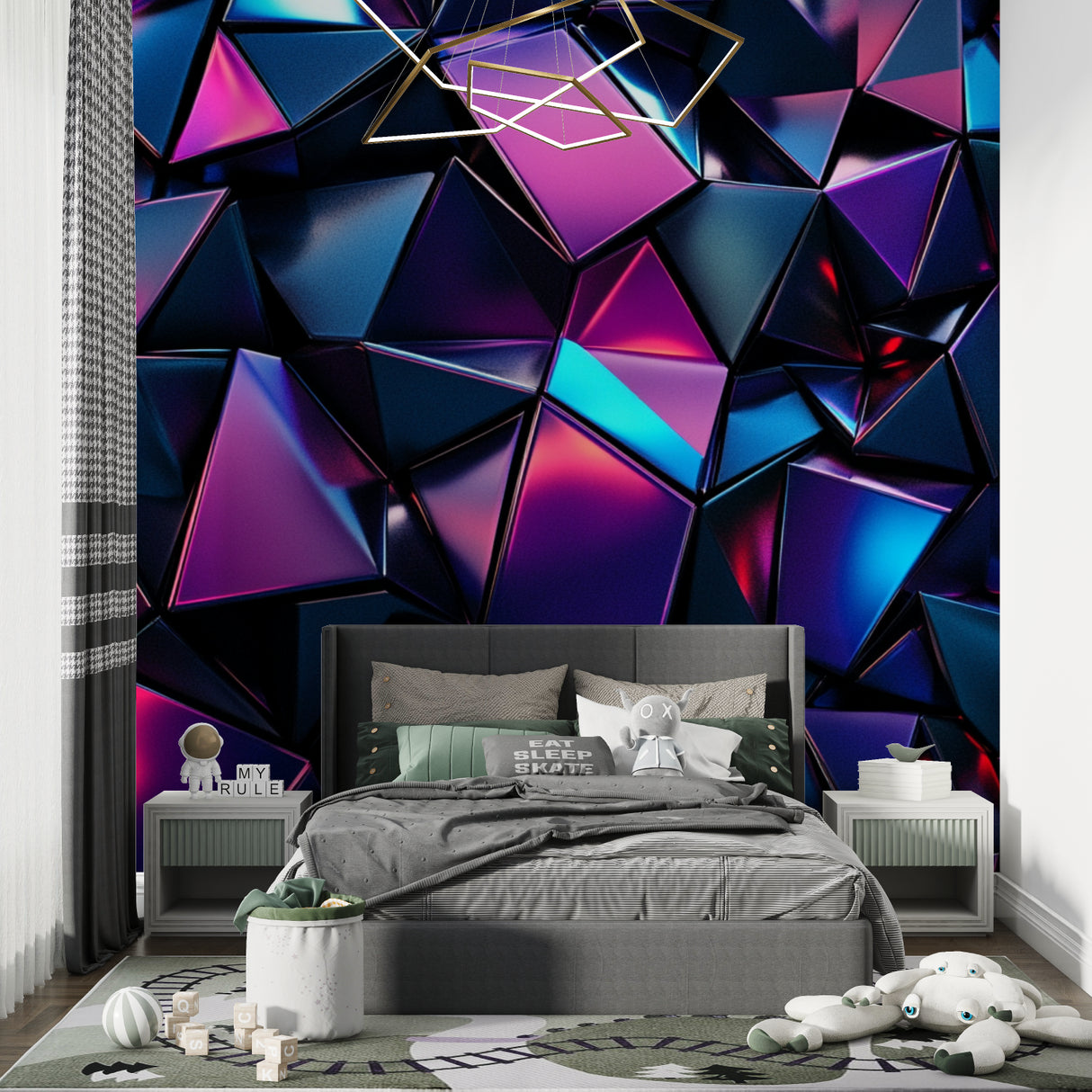 3D neon pattern transforming a creative studio space