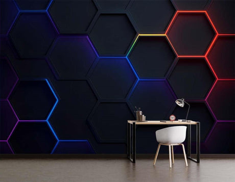 Modern gaming room with 3D geometric wallpaper featuring neon hexagon pattern creating depth and ambiance