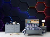 Home office space with 3D neon hexagon wallpaper showcasing floating geometric patterns