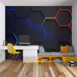 Teen bedroom with modern geometric wallpaper displaying glowing neon hexagons in purple and blue