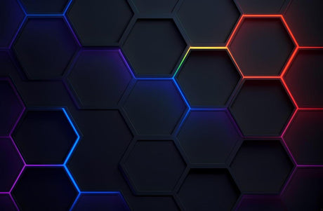 3D geometric hexagon pattern design file showing neon edges and gradient effects