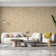 Geometric pattern wallpaper with blue lines and coral dots bringing modern style to a bright living room setting