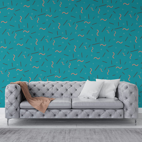 Modern geometric pattern wallpaper creating a bold statement wall in a bright contemporary living room