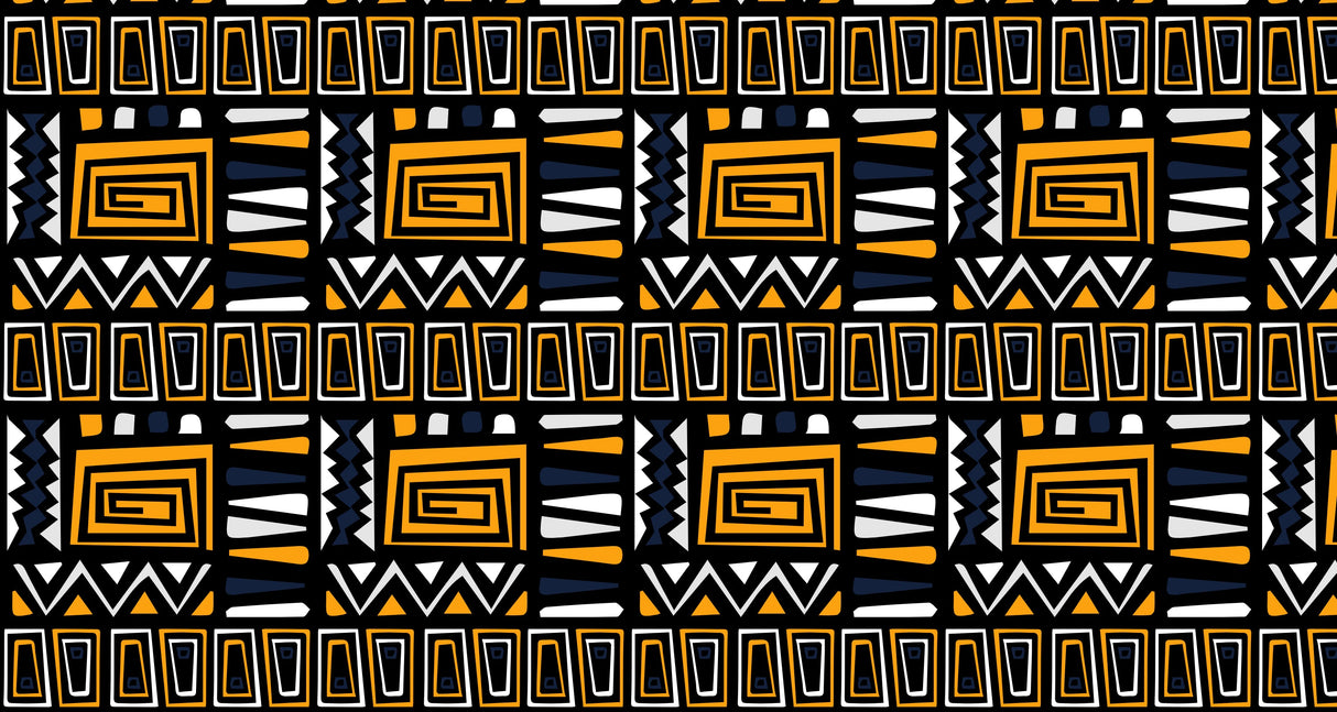 Geometric tribal wallpaper with gold and black patterns creating drama in a modern living room with leather furniture