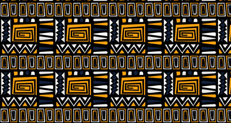 Geometric tribal wallpaper with gold and black patterns creating drama in a modern living room with leather furniture