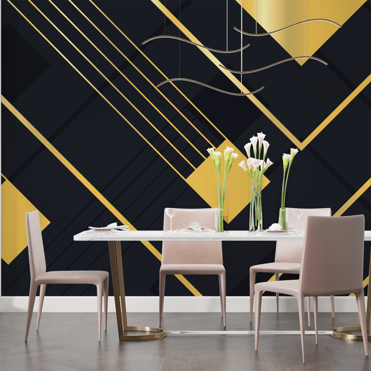 Black and gold geometric pattern adding sophistication to master bedroom wall