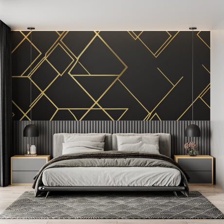 Geometric Art Deco wallpaper in modern living room showing black and gold pattern creating luxury atmosphere