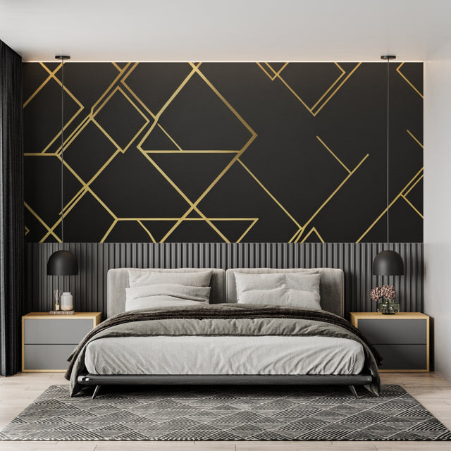 Geometric Art Deco wallpaper in modern living room showing black and gold pattern creating luxury atmosphere
