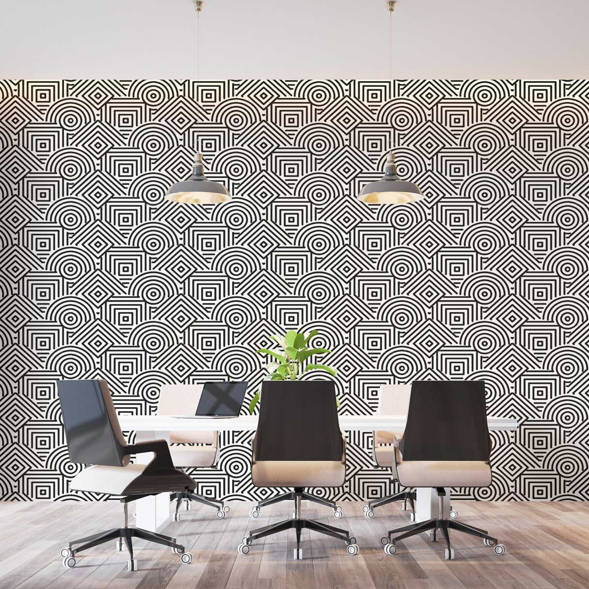 Modern geometric wallpaper in sleek living room showing black and white Art Deco pattern creating depth
