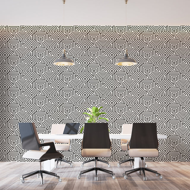 Modern geometric wallpaper in sleek living room showing black and white Art Deco pattern creating depth