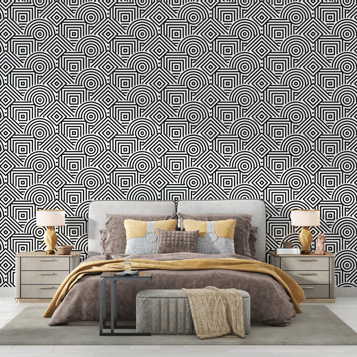 Black and white geometric wall mural in minimalist office space highlighting clean lines