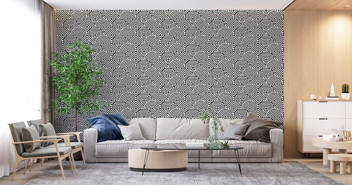 Art Deco geometric pattern wallpaper in dining room with dramatic contrast