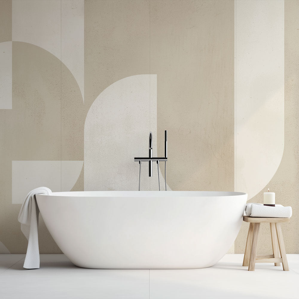 Geometric wall mural design file showing Art Deco circles pattern in soft beige tones with gentle curves and flowing lines