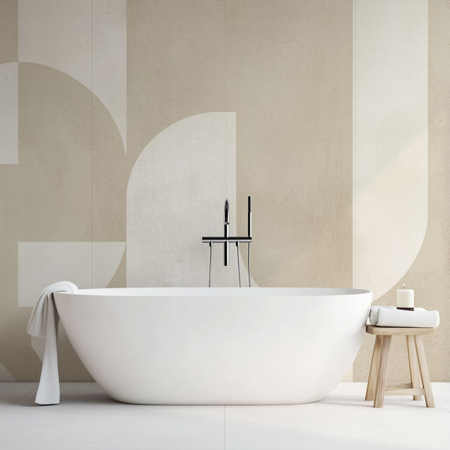 Geometric wall mural design file showing Art Deco circles pattern in soft beige tones with gentle curves and flowing lines