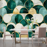 Modern home office with art deco green and gold circular pattern wallpaper
