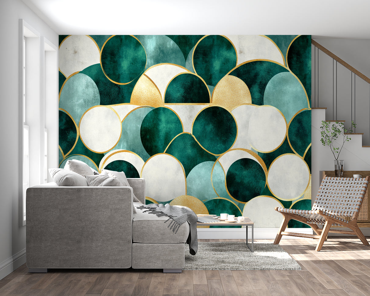 Elegant entryway featuring geometric circle wallpaper in green and gold tones