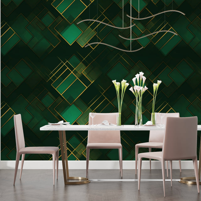 Geometric green and gold wallpaper in modern dining room, creating depth with art deco pattern
