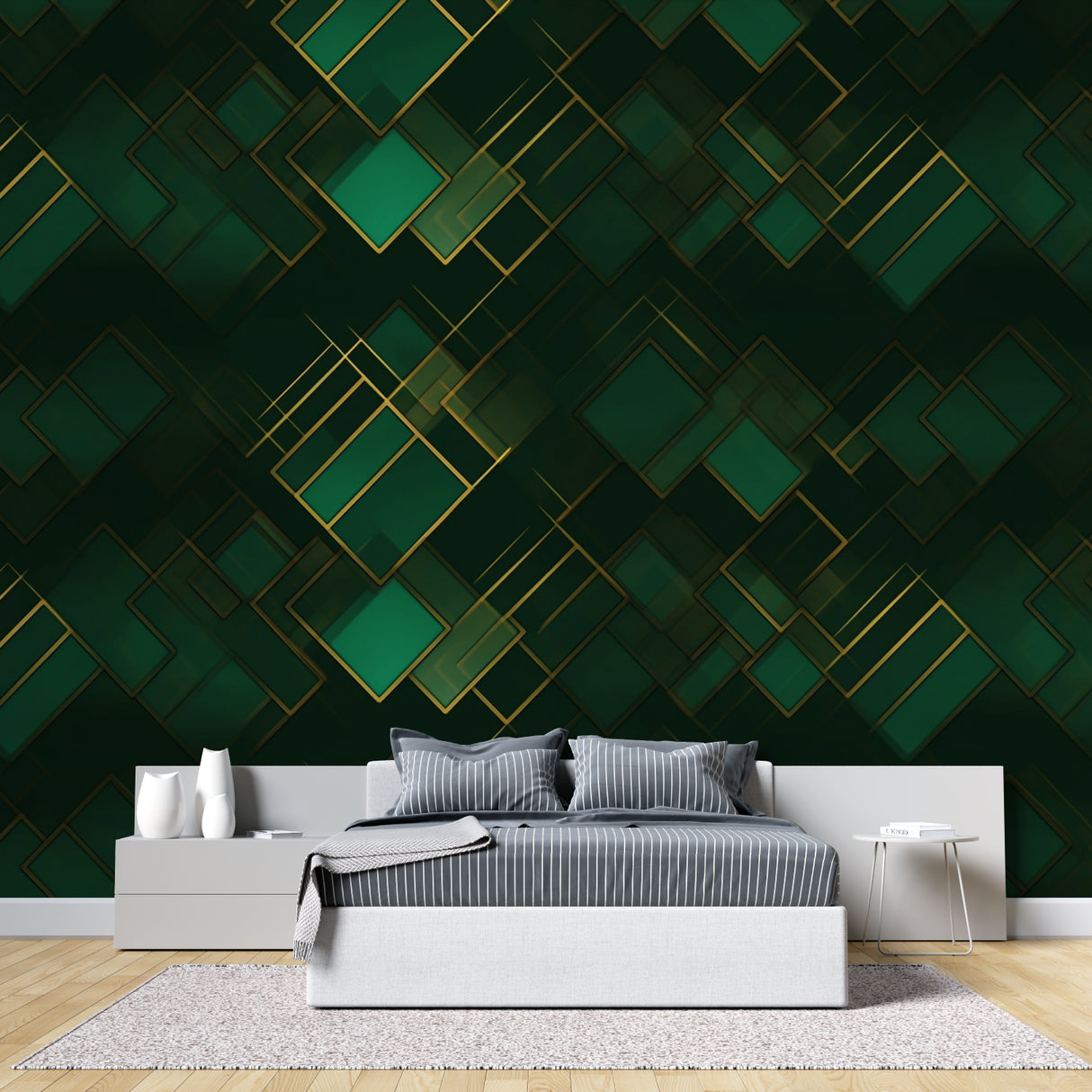 Art deco geometric wallpaper bringing luxury to master bedroom with emerald and gold tones